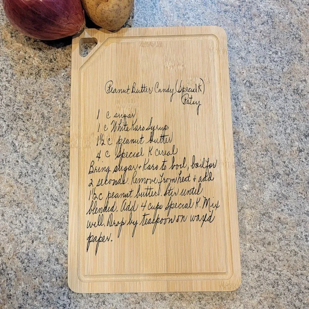 Engraved Handwriting Recipe Cutting Board with Wall Hanging Notch
